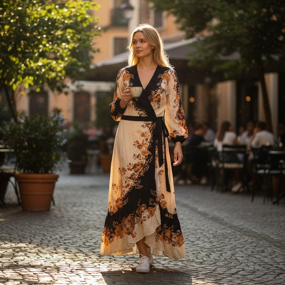 New Farm Rio Anthropologie Women's M Floral Wrap Maxi Dress Fall Boho Cottage